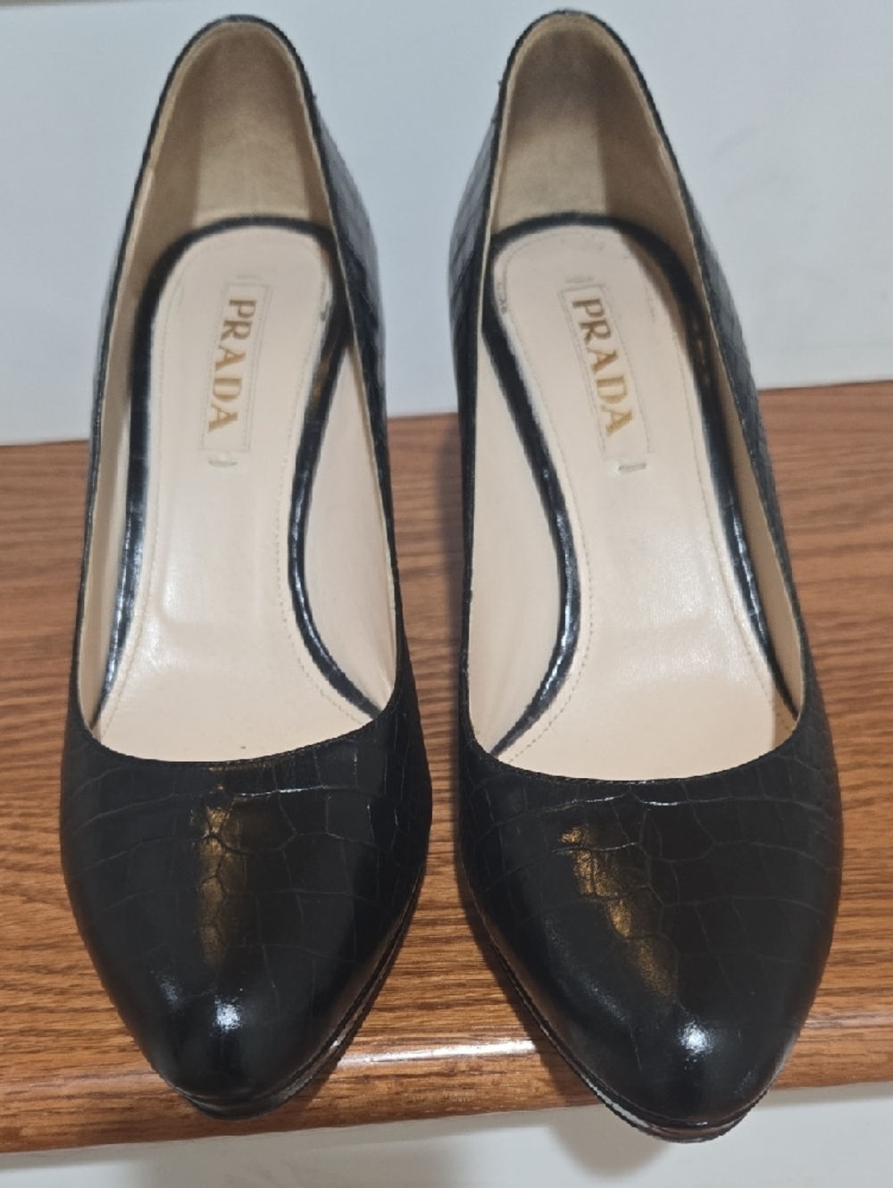 Prada Black Croc-Embossed Pointed Pumps - Picture 6 of 12